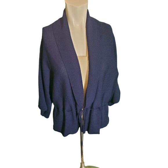 Margaret O'Leary Cardigan Sweater Wool Kimono Sleeve Peplum Navy Blue Sz L - Picture 1 of 7